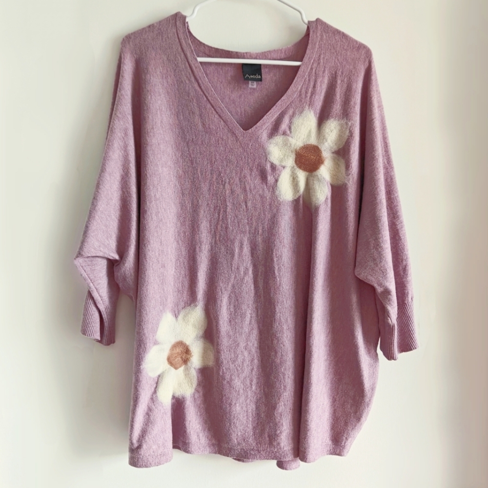 Aaeda Hazy Purple V-Neck Sweater with Wool Felting Floral Detailing